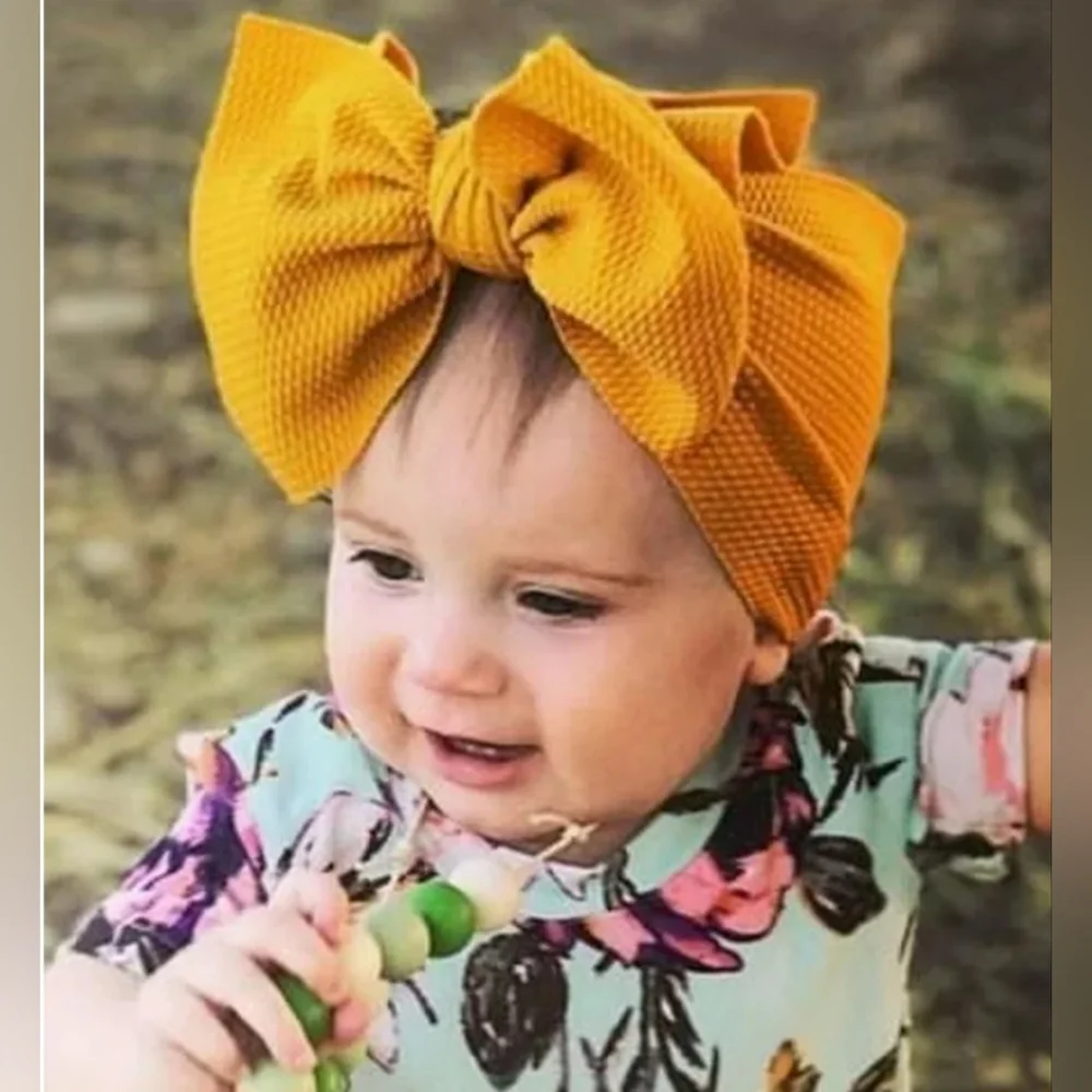 Baby Girl Mustard Yellow Big Bow Waffle Knit Headwrap Oversized Bowknot Headband